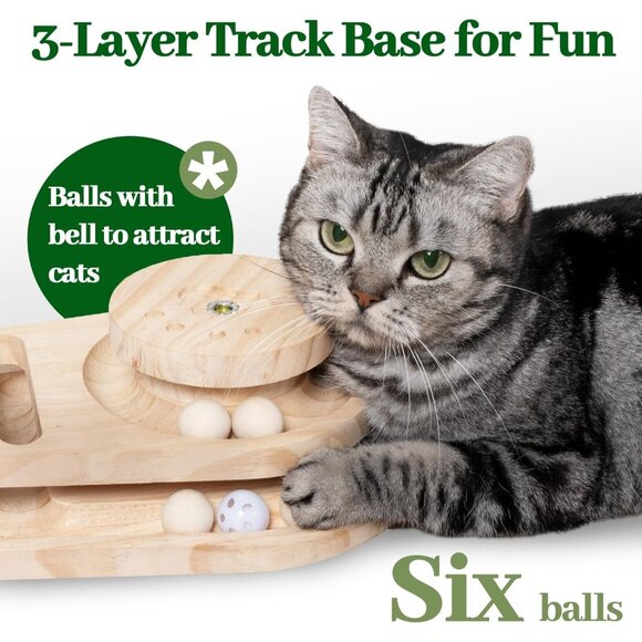 New 17.7in Cat Scratching Post with Track Base, Balls & Dangling Toy for Cats - Picture 2 of 6
